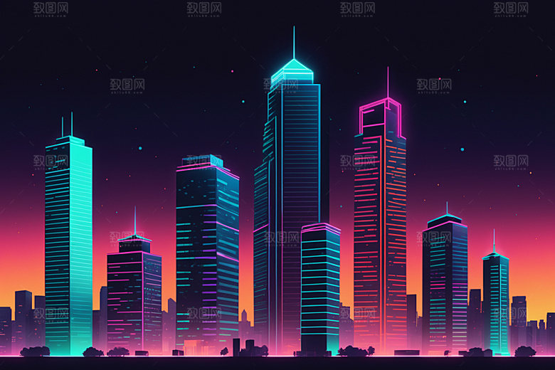 霓虹城市彩色都市插画