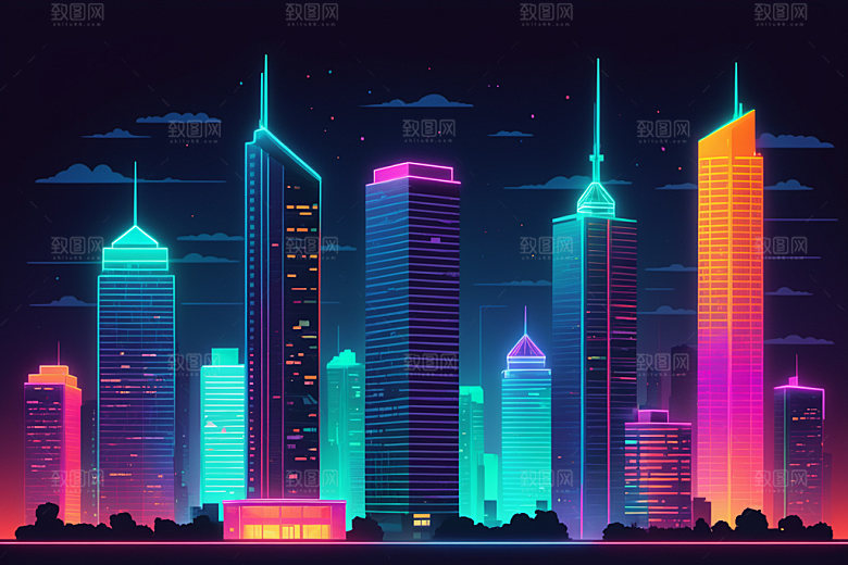 霓虹城市赛博朋克建筑插画