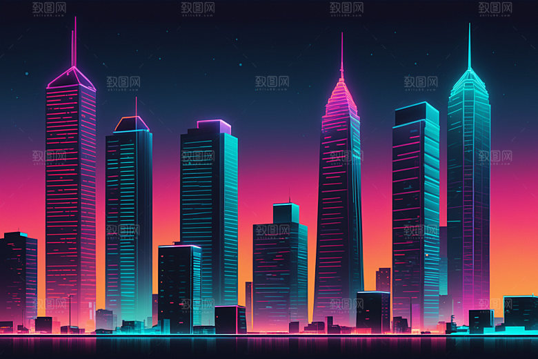 霓虹城市都市地标插画