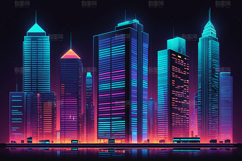 霓虹城市科技感赛博朋克插画