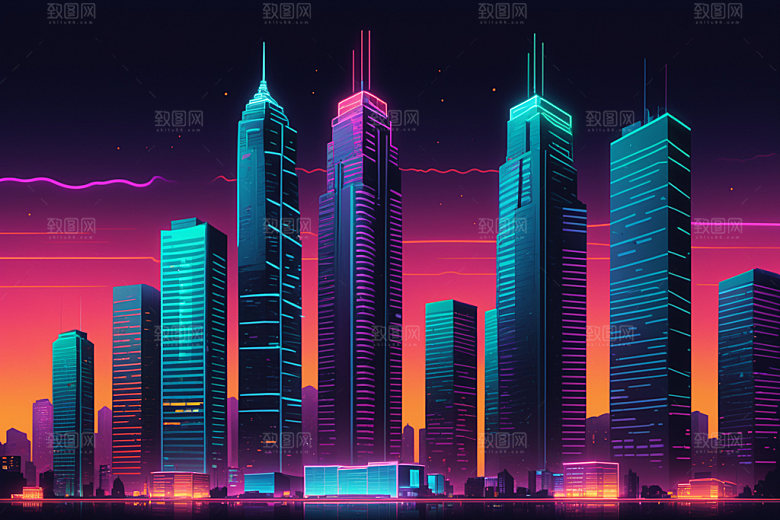 霓虹城市赛博朋克地标插画