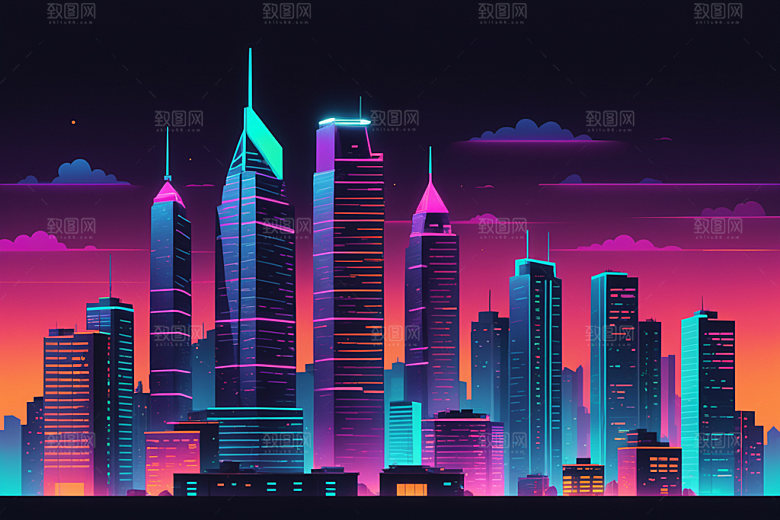 霓虹城市都市彩色插画