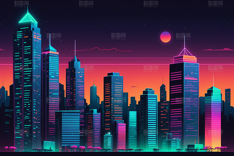 霓虹城市地标时尚插画