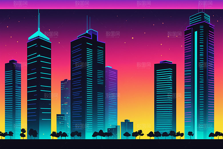 霓虹城市赛博朋克建筑插画
