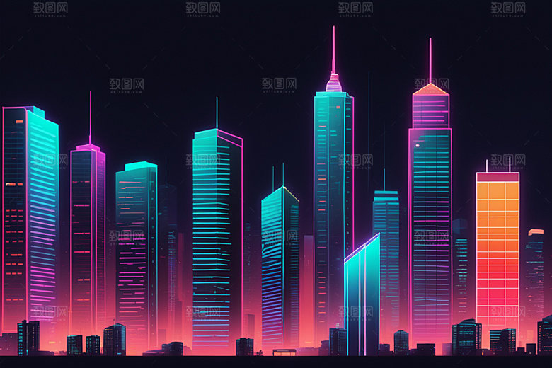 霓虹城市建筑科技感插画