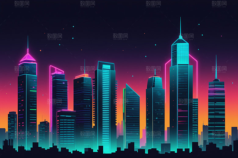 霓虹城市未来建筑插画