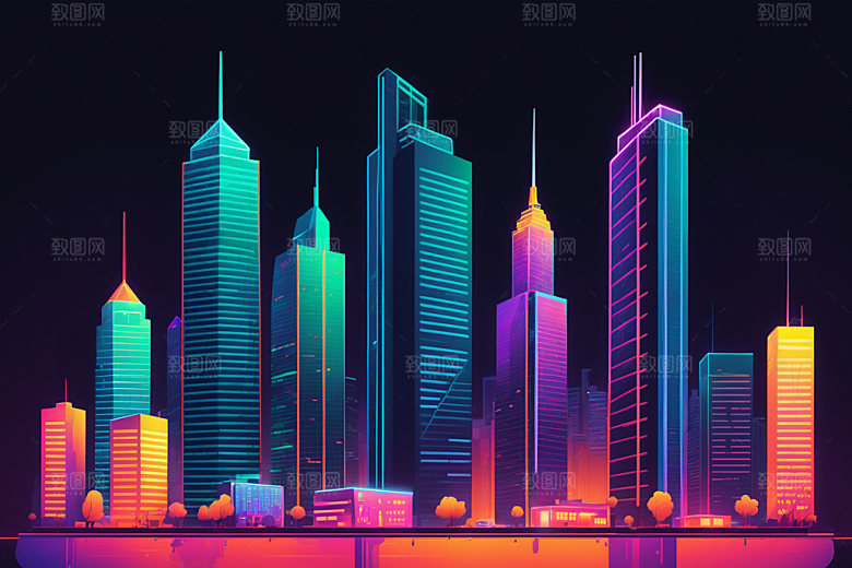 霓虹城市彩色地标插画