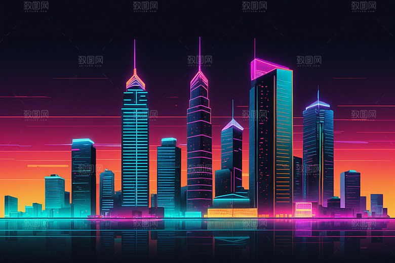 霓虹城市未来建筑插画