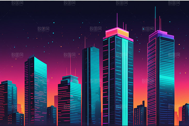 霓虹城市赛博朋克元素插画
