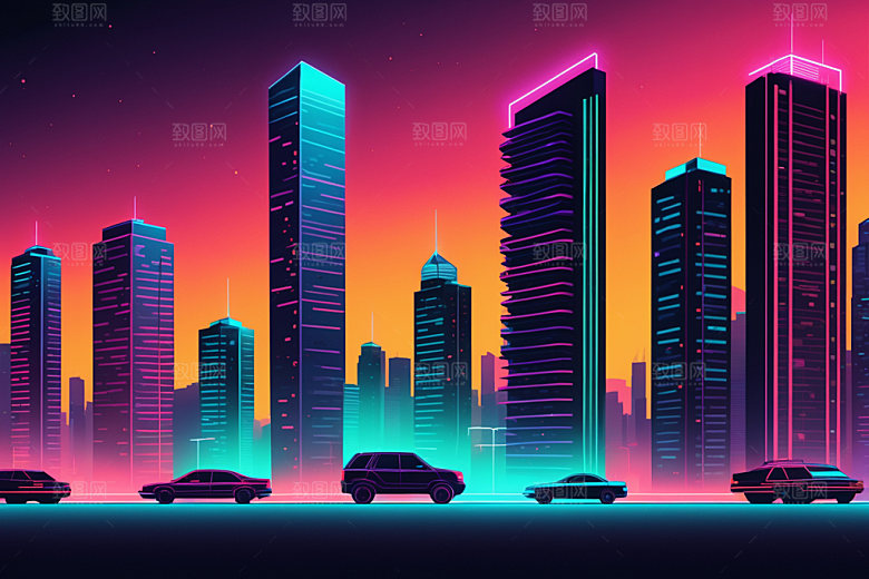 霓虹城市彩色都市插画
