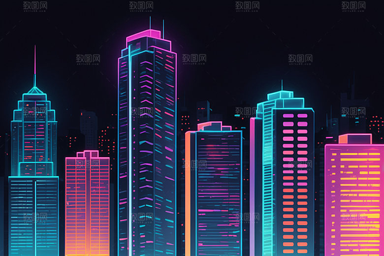 霓虹城市地标彩色插画