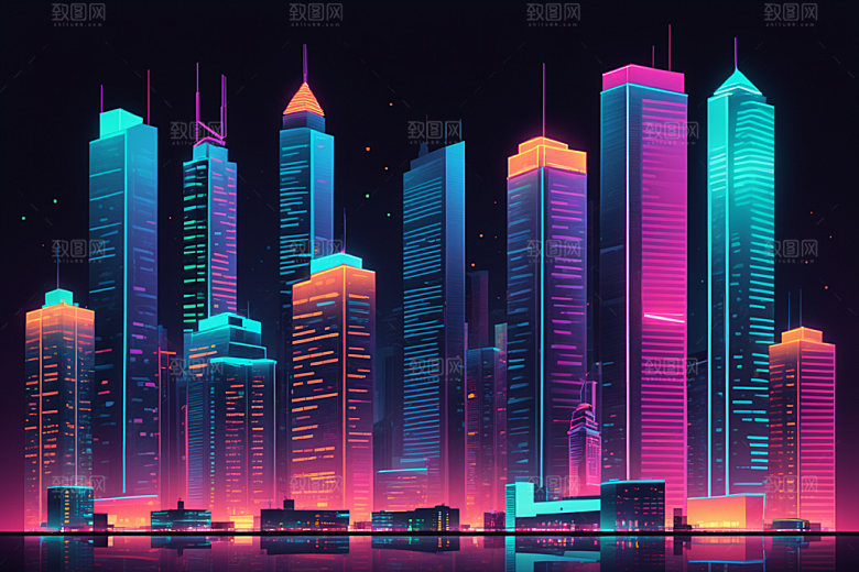 霓虹城市元素彩色插画