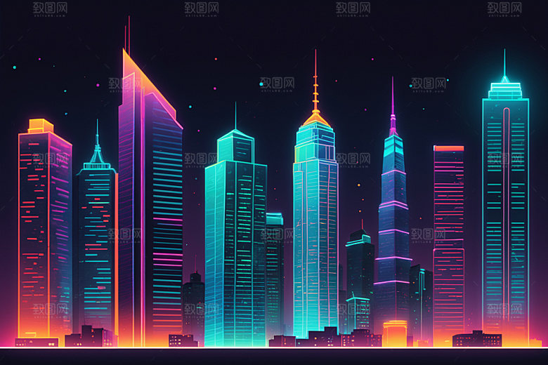 霓虹城市地标科技感插画