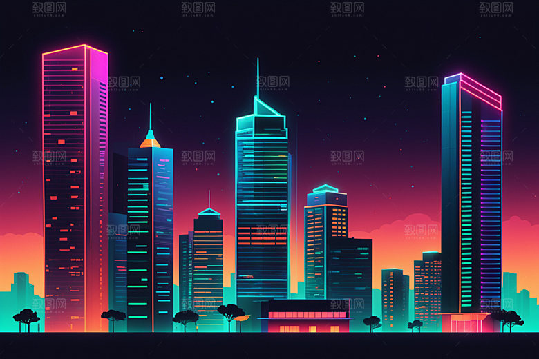 霓虹城市地标时尚插画