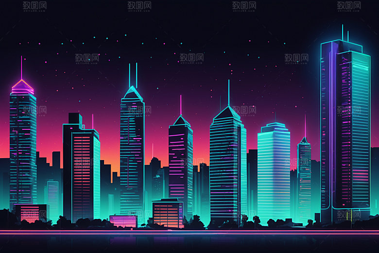 霓虹城市建筑未来插画
