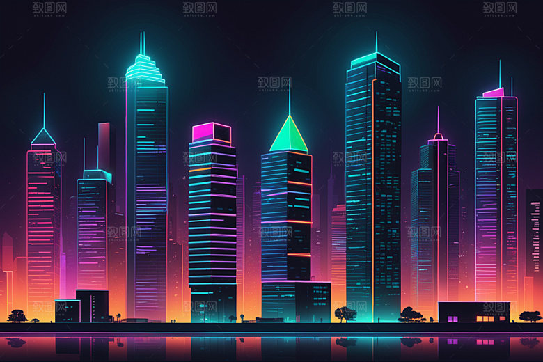 霓虹城市彩色都市插画