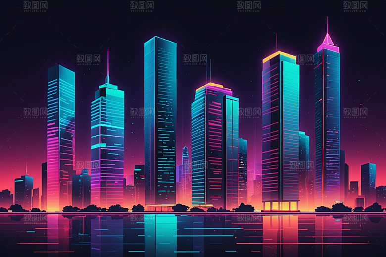 霓虹城市都市建筑插画