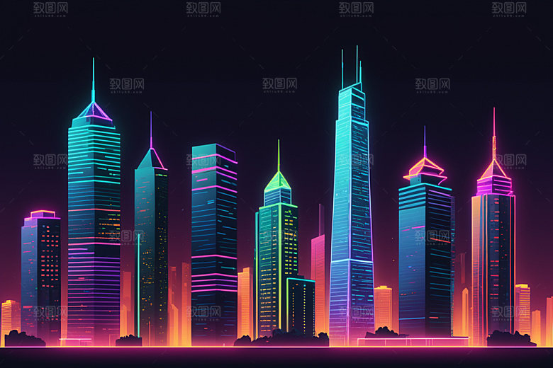 霓虹城市都市彩色插画