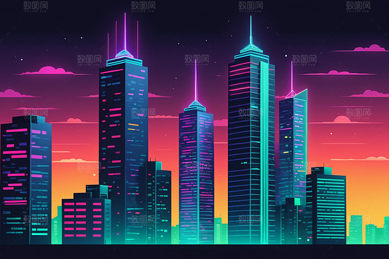 霓虹城市元素建筑插画