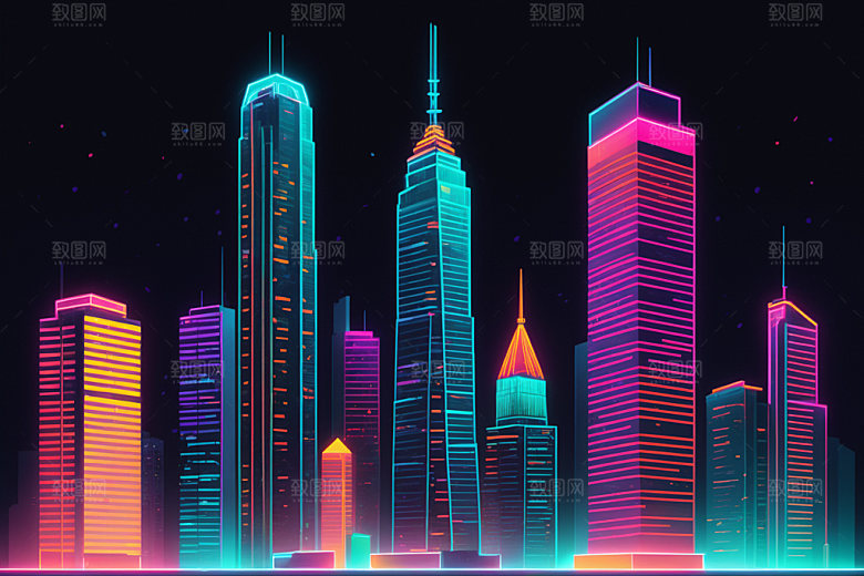霓虹城市地标未来插画
