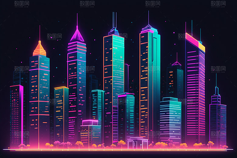 霓虹城市都市赛博朋克插画