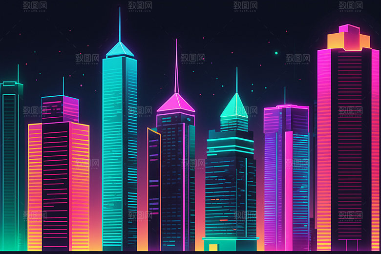 霓虹城市都市建筑插画