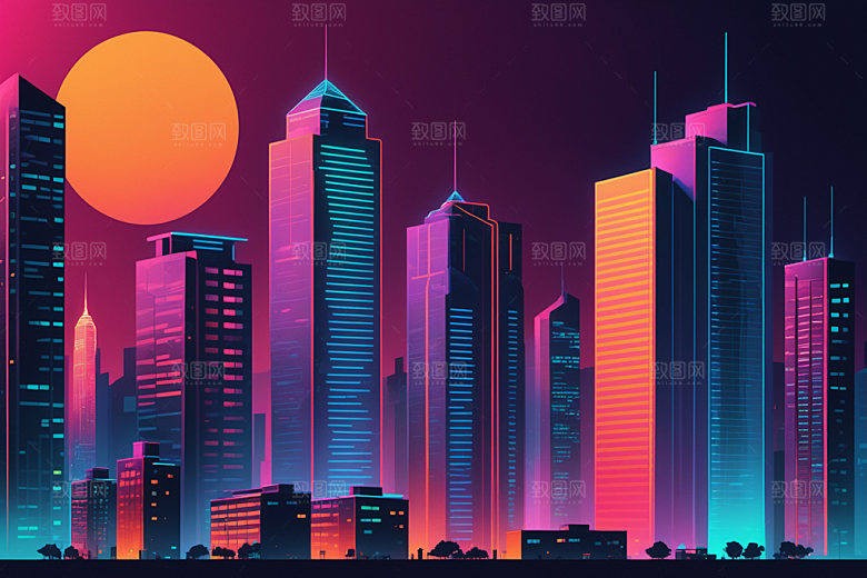 霓虹城市建筑元素插画