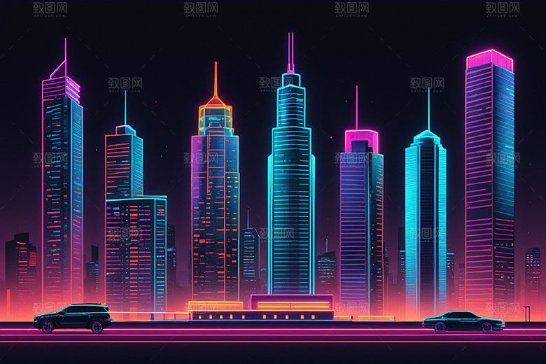 霓虹城市未来地标插画