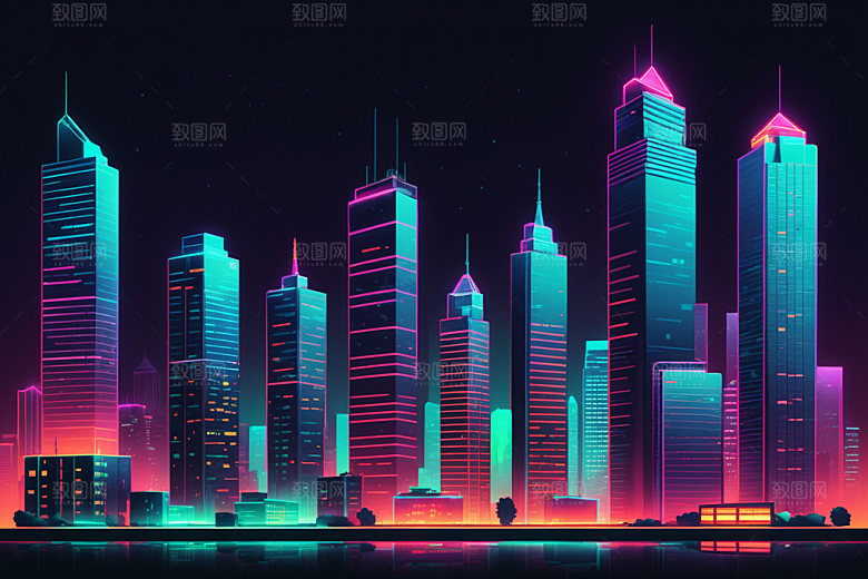 霓虹城市赛博朋克建筑插画