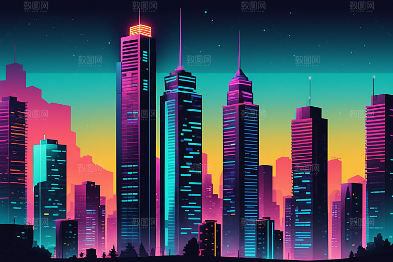霓虹城市科技感时尚插画