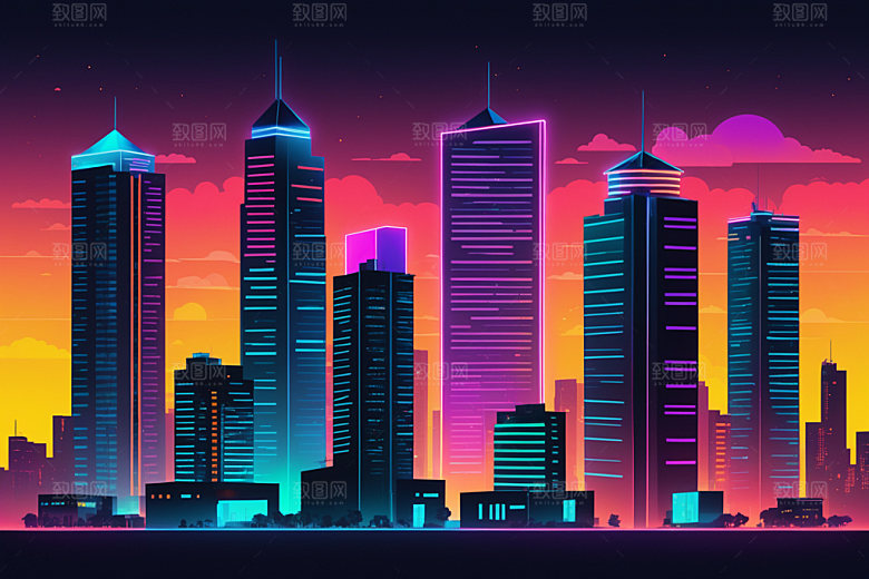 霓虹城市地标未来插画
