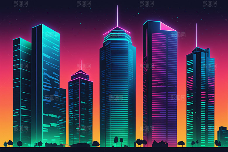 霓虹城市赛博朋克地标插画