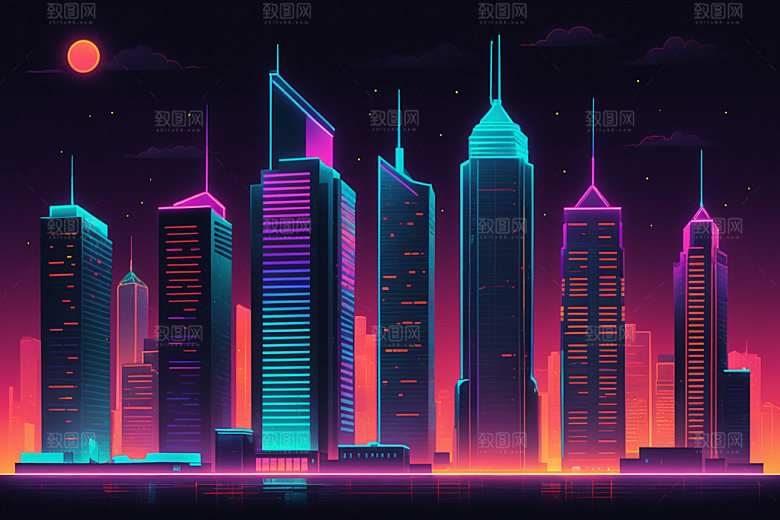 霓虹城市地标时尚插画