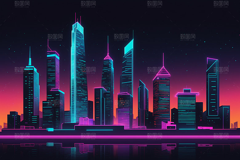 霓虹城市地标时尚插画