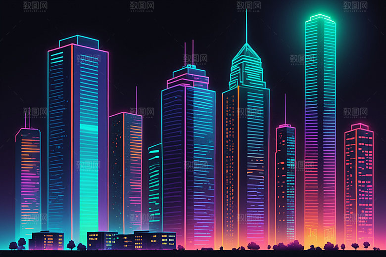霓虹城市元素赛博朋克插画