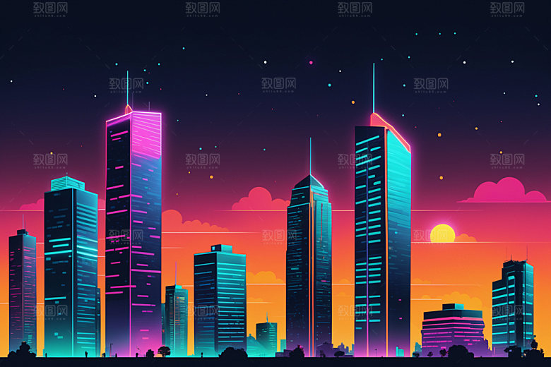 霓虹城市科技感彩色插画