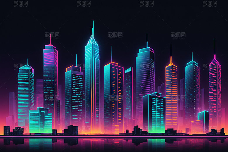 霓虹城市彩色科技感插画