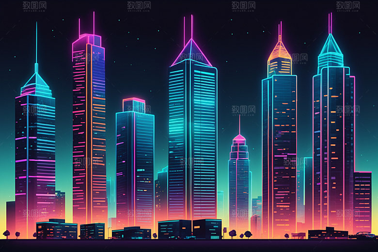 霓虹城市彩色未来插画