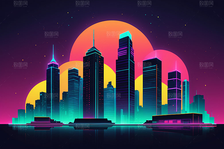 霓虹城市赛博朋克都市插画
