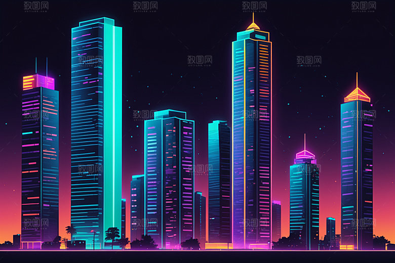 霓虹城市元素时尚插画