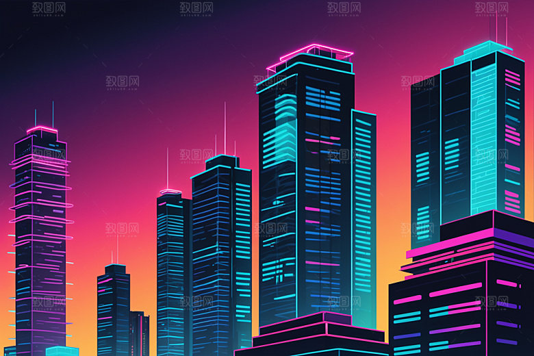 霓虹城市赛博朋克时尚插画