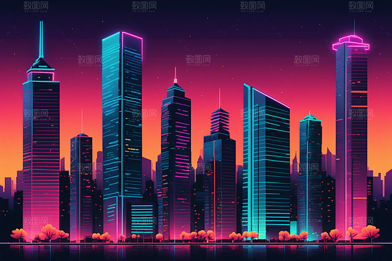 霓虹城市元素科技感插画
