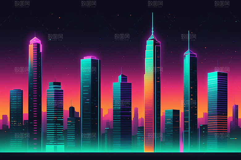 霓虹城市元素地标插画