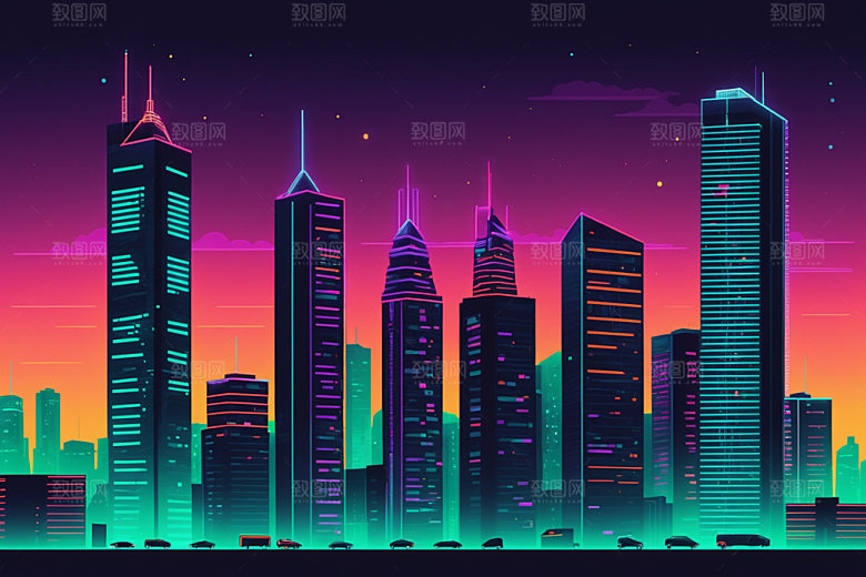 霓虹城市地标元素插画