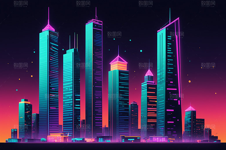 霓虹城市地标元素插画