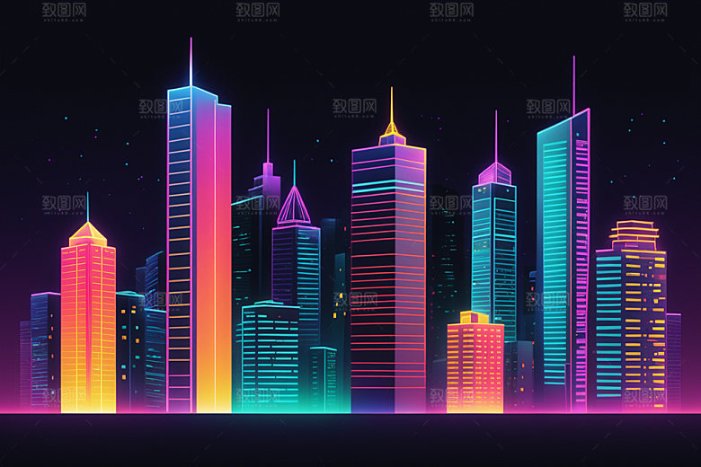 霓虹城市地标建筑插画