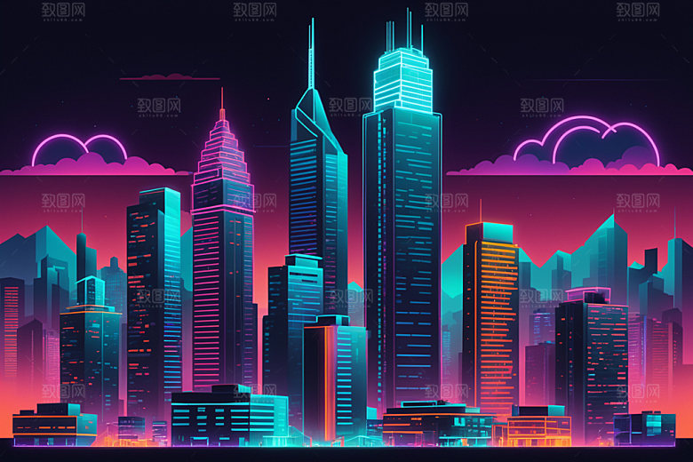 霓虹城市赛博朋克彩色插画