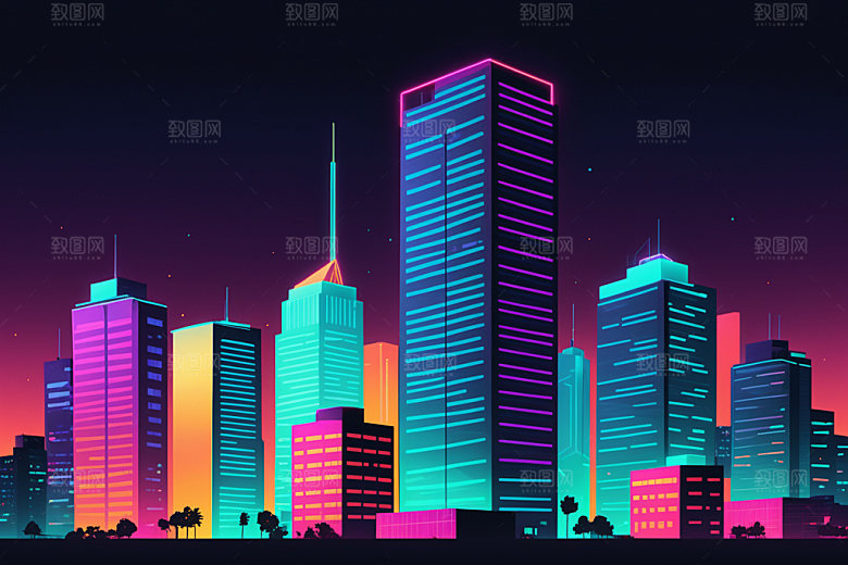 霓虹城市未来科技感插画