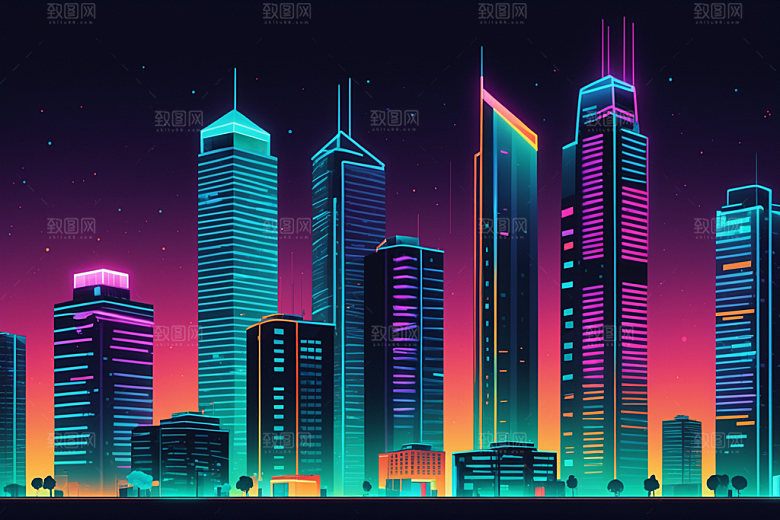 霓虹城市科技感建筑插画