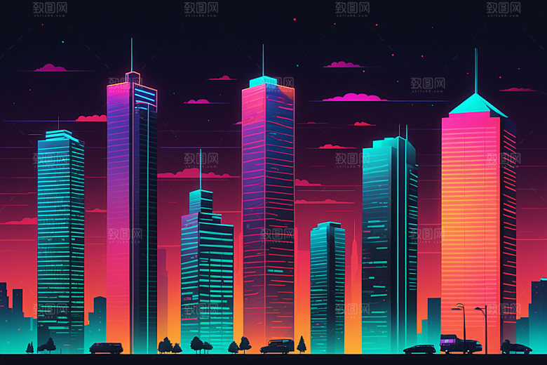 霓虹城市地标时尚插画